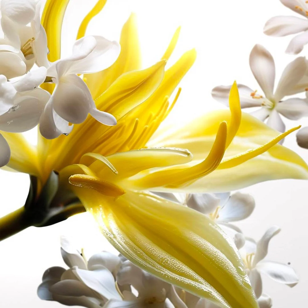 Yellow ylang-ylang flowers ingredient shot, key floral note in Mugler Alien Elixir Eau de Parfum