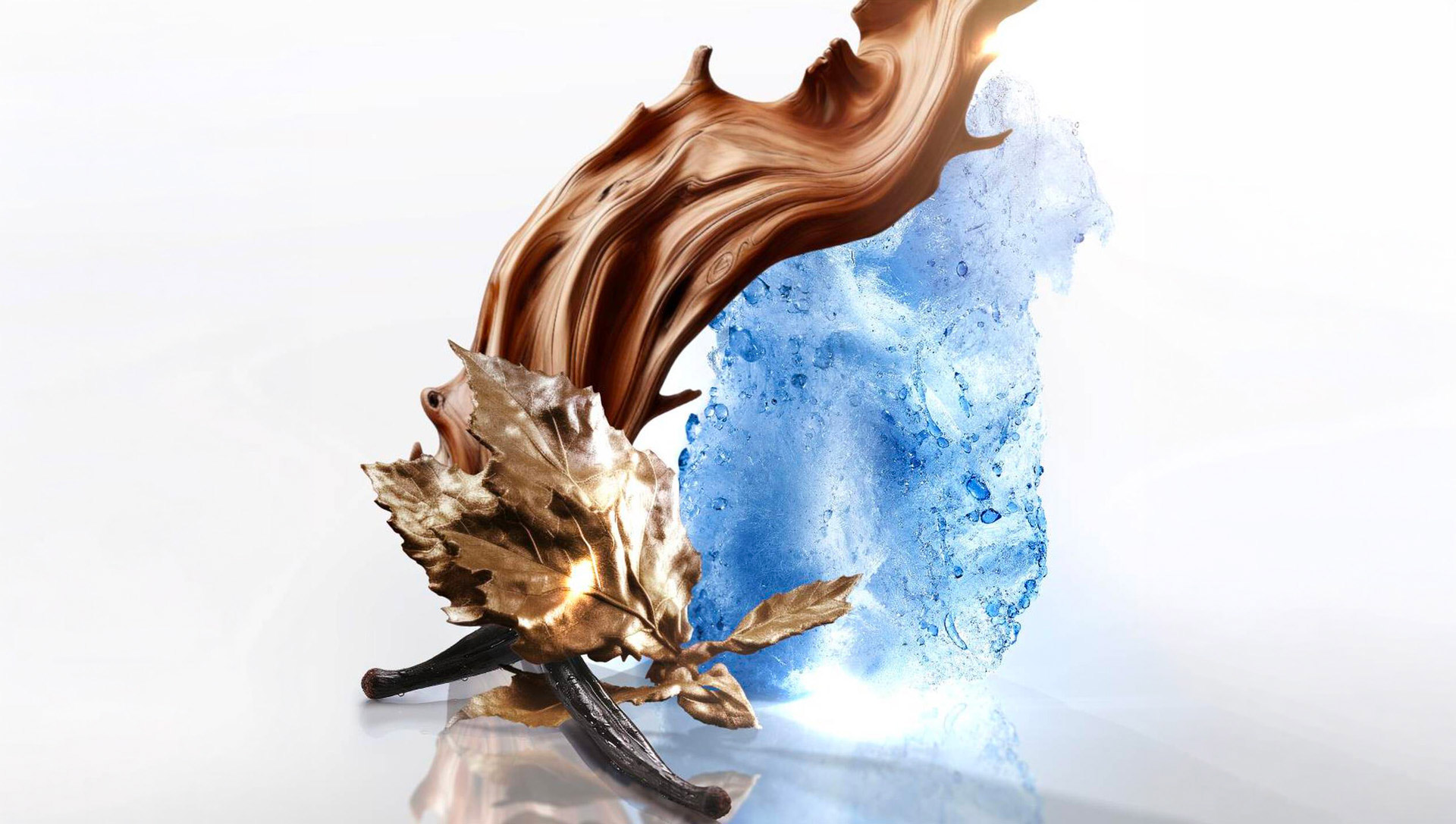 Praline accord and patchouli ingredient shot with golden caramel swirl and botanical elements, showcasing the warm gourmand base notes of Mugler Angel Body Cream