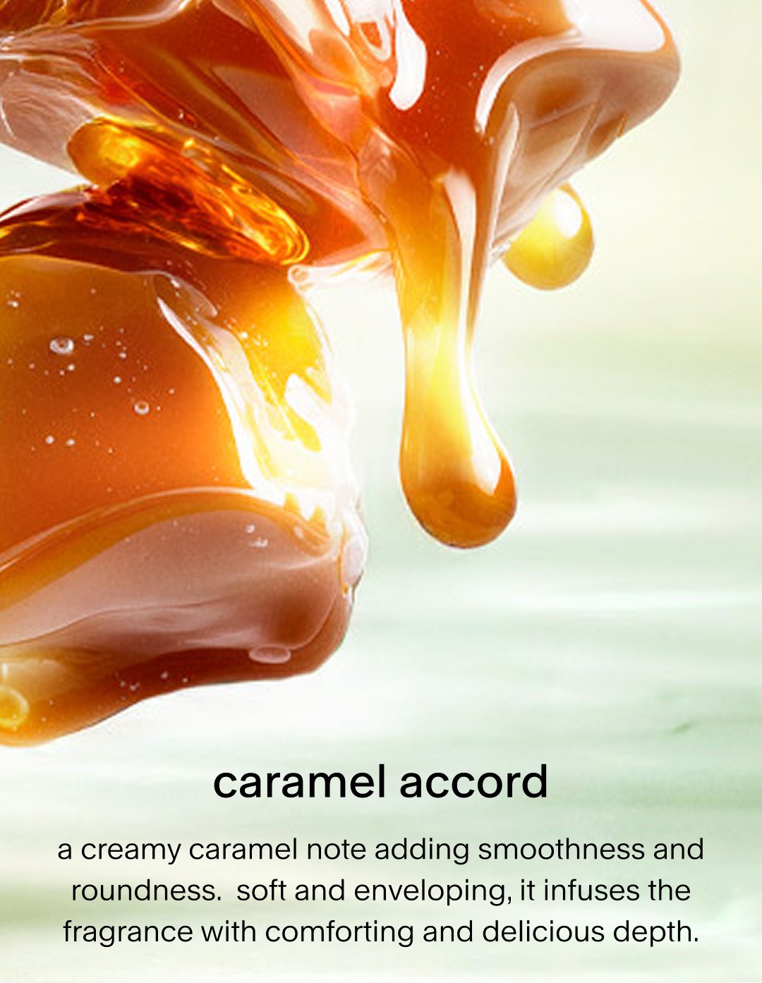 A macro shot of thick, golden-amber caramel dripping smoothly. The text describes it as a creamy note that adds smoothness and roundness, infusing the fragrance with a comforting and delicious depth.